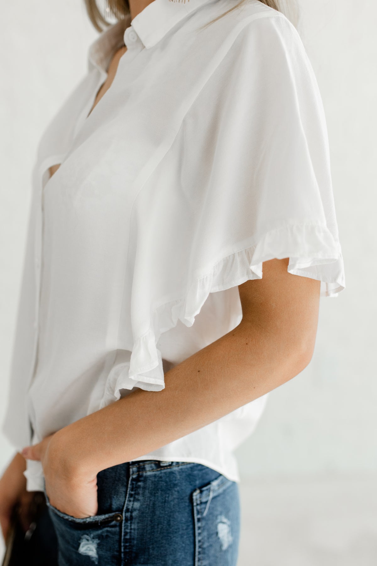 white button up ruffle shirt