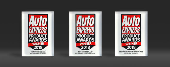 Image of three award trophies for the auto express magazine 2018 product awards. Best wax and sealant, best wheel cleaner, best car shampoo.