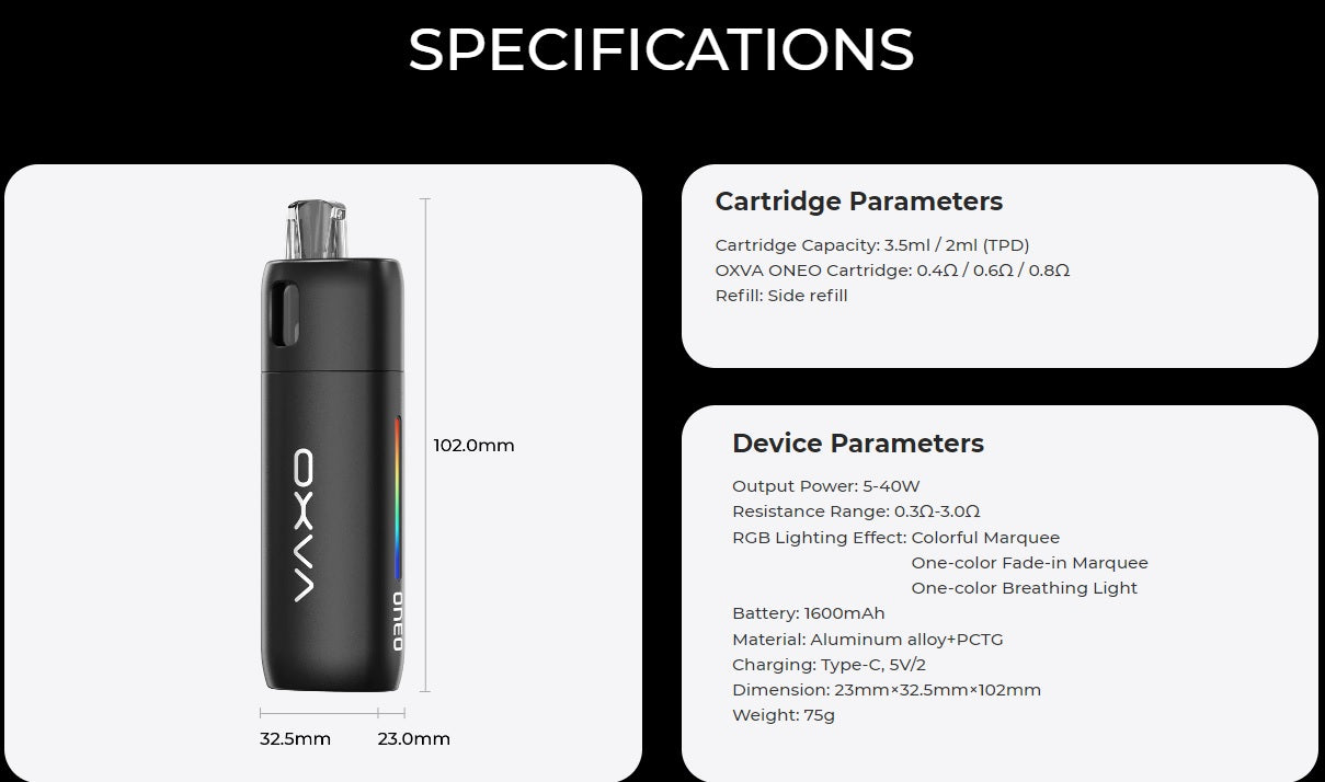OXVA Oneo 40W Pod specifications