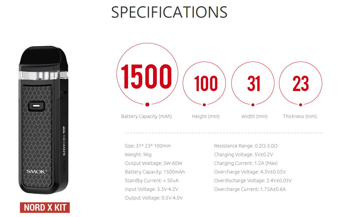 smok nord x specifications