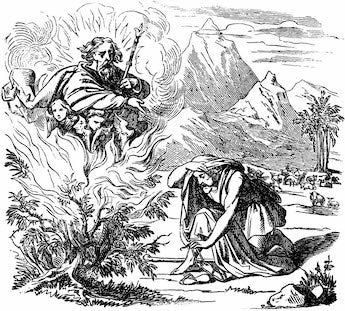 German black and white 19th-century lithograph of Moses and the burning bush. Image for an article on how deaf Christians at church struggle to hear God's word.