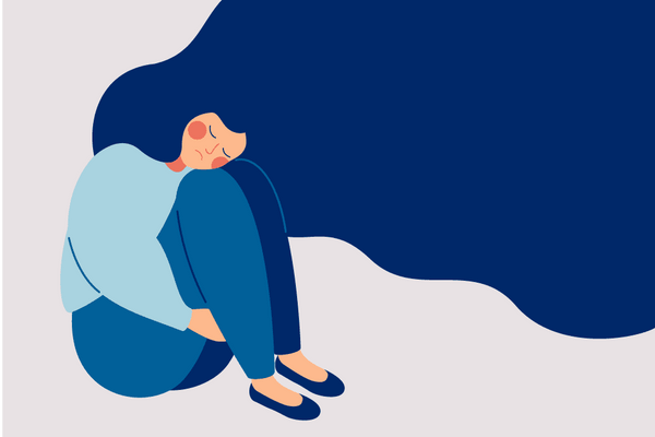 Photo for an article: how to help someone with schizophrenia in public? Illustration of a person sitting hugging their knees rather forlornly. They have a huge blue wave of hair that extends out of the photo frame.