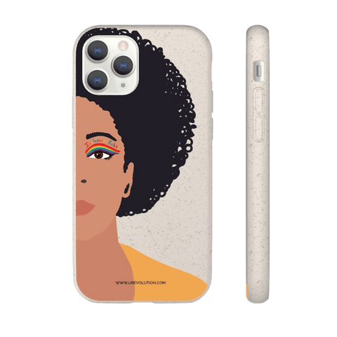 iPhone 11 Pro Inclusion Rebel Afro Phone Case. Printed on the back of the biodegradable phone case is an illustration of the right-hand half of a black person's face. They have a full afro and have a colorful eyeliner design above their right eye. The design includes a series of lines drawn in the colors of the LGTB flag with the words, Inclusion Rebel, outlined in a handwriting style above the lines.