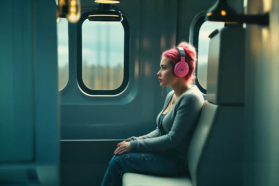 A person sitting alone on a train, gazing out the window with a distant, anxious expression. Raindrops on the window and blurred scenery symbolize anxiety and racing thoughts.