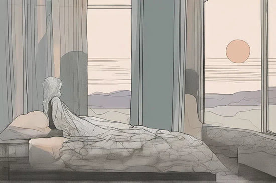 Illustration of a solitary woman sitting on a bed, gazing out a large window at sunrise, symbolizing introspection and emotional healing.