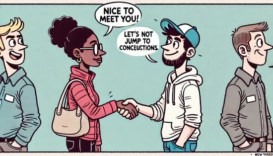 A comic-style illustration of two diverse people shaking hands. One person looks unsure and says, 'Nice to meet you!' while the other smirks and responds, 'Let's not jump to conclusions.' The scene is witty, fun, and lighthearted, inspired by The New York