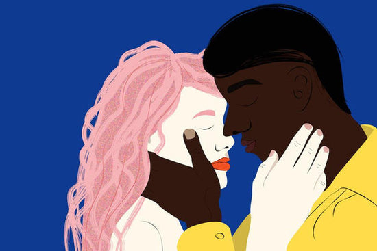 Dating with a mental illness. Graphic illustration of two people from different ethnicities about to kiss.