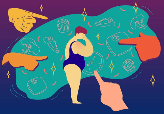 An illustration exploring concept of does fat shaming work. A sad plus size person in swimwear is being mocked by a number of hands , showing her with hands what to eat and how to live.