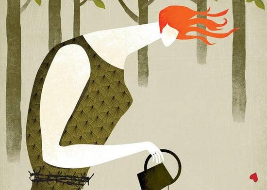 How to cope with infertility when everyone is pregnant: an illustration of a woman is holding a watering can, in the corner of theillustration is a love heat. Image for an article on how to cope with infertility art work.
