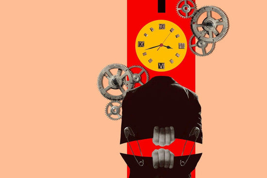 Surreal graph collage of a clock, clock wheels and a business suit being held together feebly by safety pins. Image for an article on improving mental health in the workplace.