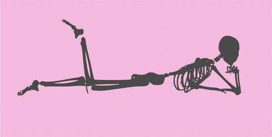 My life with multiple sclerosis: image of a skeleton against a pink background lying down with its head propped up by its arm.