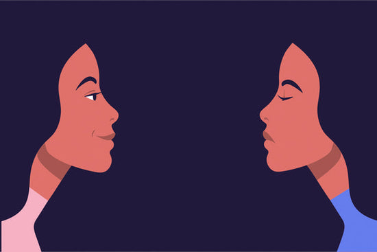 Graphic illustration of a person looking into the mirror with their eyes open but seeing themselves with their eyes closed. Image for personal essay on pain.