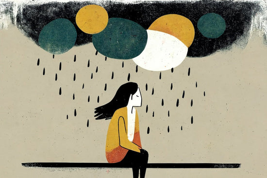 Citas que describen cómo se siente la depresión: ilustración de una mujer sentada afuera bajo la lluvia