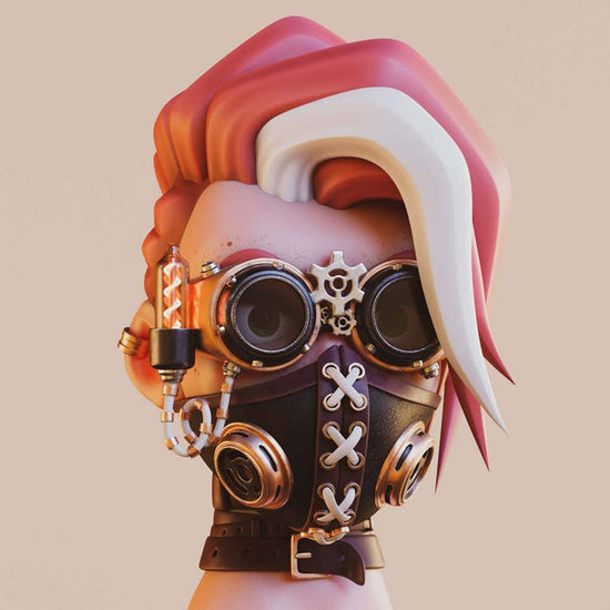 Steampunk Disability: a 3D realistic illustration of a steampunk character's head with flowing hair wearing steampunk style and with mask and googles