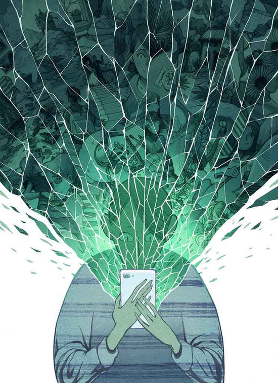 An illustration of a person talking about mental illness online, looking into a phone, with the conversations being reflected back over them in a wave of cracked glass.