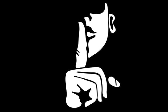 Black and white illustration of person holding their fingers to their lips as if to say 