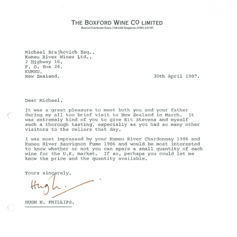 Letter from Boxford Wine Company in 1987 to Kumeu River marking the start of a 34 year partnership in the UK