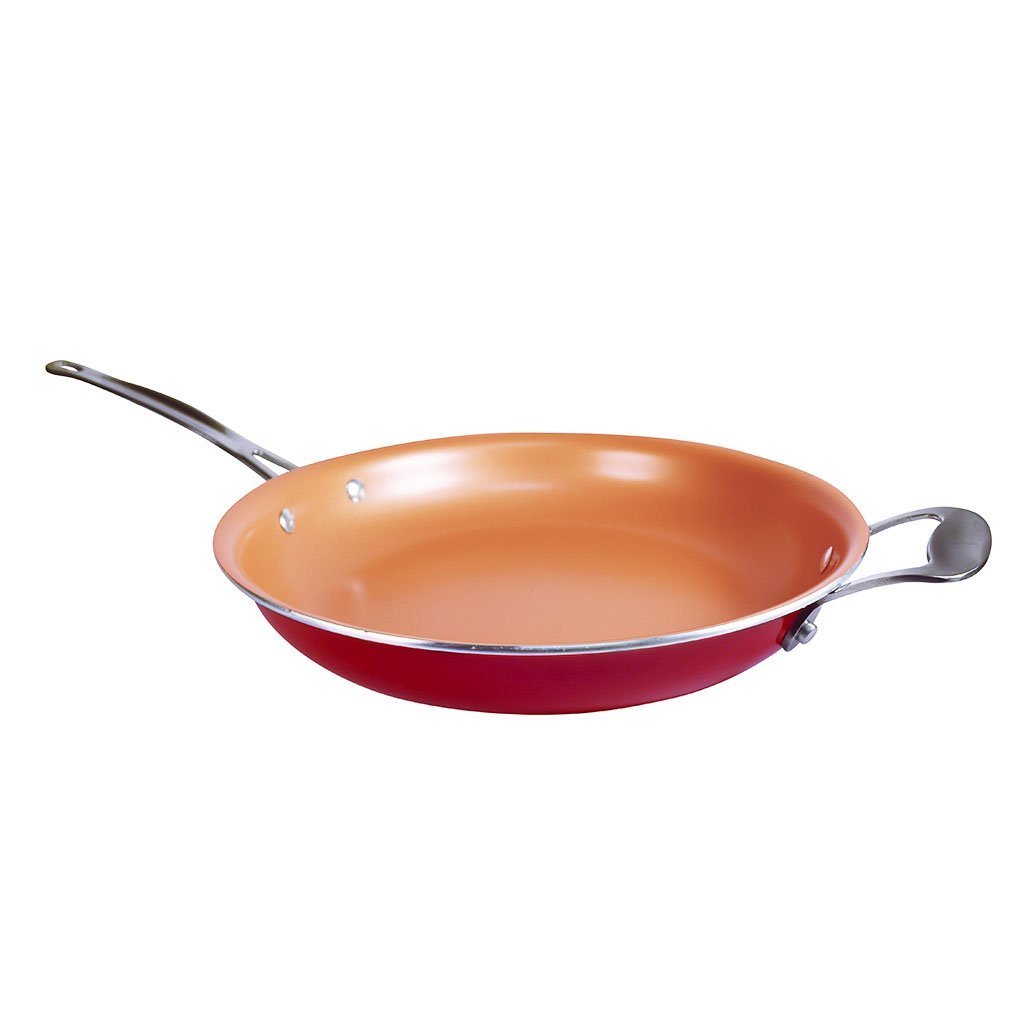 red copper frying pan with lid