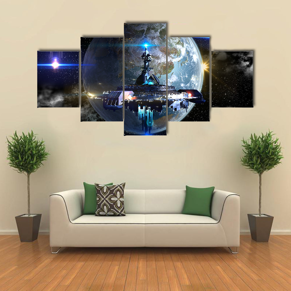 Alien Spaceship Fleet Attacking Earth Multi Panel Canvas Wall Art