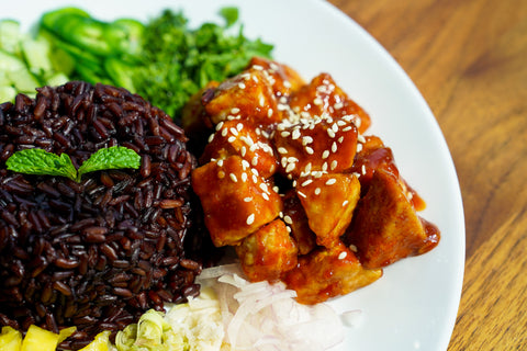 Sweet and spicy glazed tofu made with gochujang and copra's organic coconut nectar and coconut aminos