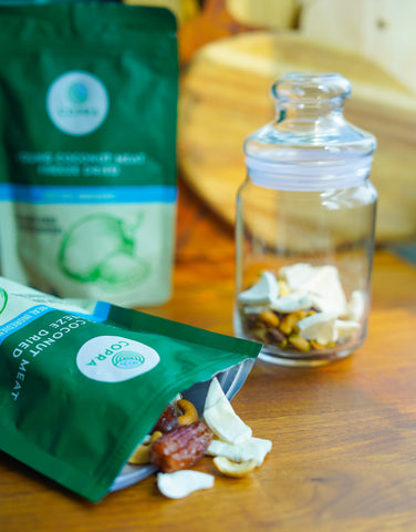 Copra's freeze-dried coconut trail mix snack pack 