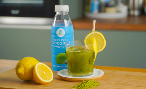 Zesty Iced Matcha made with Copra's 100% pure and organic coconut water