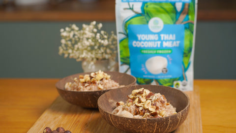 Young Coconut Rice Pudding made with Copra's Organic Young Thai Nam Hom Frozen Coconut Meat