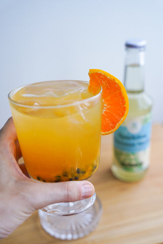 Passion fruit summer pop made with Copra's sparkling coconut nectar low GI kombucha alternative