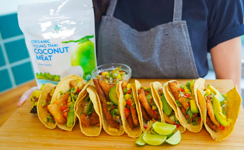 Vegan Fish Tacos made with Copra's organic young Thai frozen coconut meat