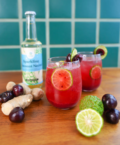 Cherry and ginger probiotic cocktail made with the world's first sparkling coconut nectar