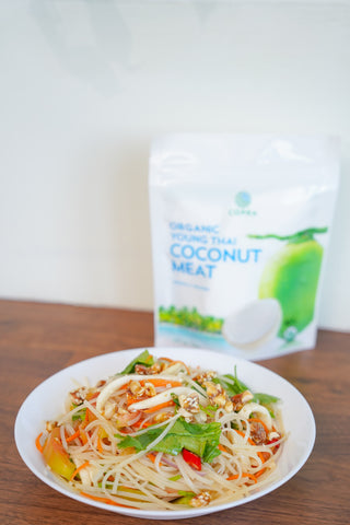 Yum woon sen, Thai spicy glass noodle salad made vegan with Copra's organic young Thai coconut meat 