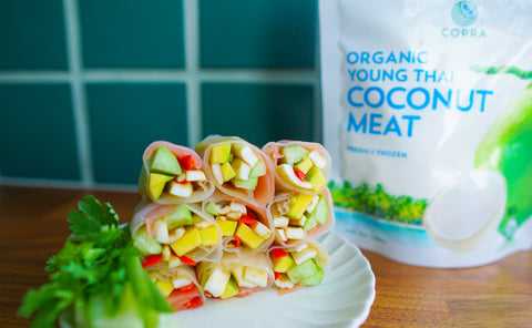 Rainbow Vegan Squid Fresh Spring Rolls made with Copra's organic young Thai frozen nam hom coconut meat 