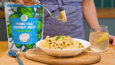 Creamy Curry Rigatoni made with Copra's organic young Thai Nam Hom freshly frozen coconut meat