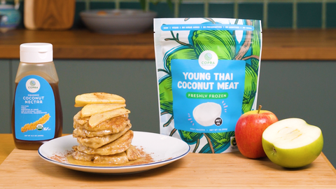 Apple and coconut hotcakes made with Copra's young Thai coconut meat and organic coconut nectar