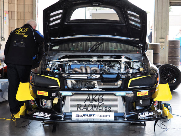 AKB Racing Mitsubishi Evo IX front shot in pit garage at Time attack Oulton Park 2018