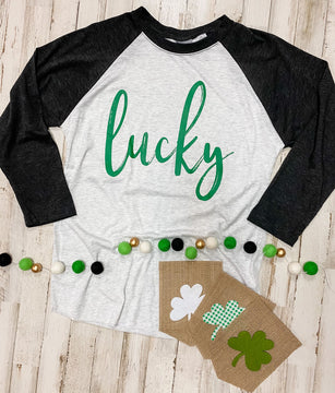 Lucky (Green Ink) Black and White Raglan