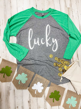 Lucky (White Ink) Green and Grey Raglan