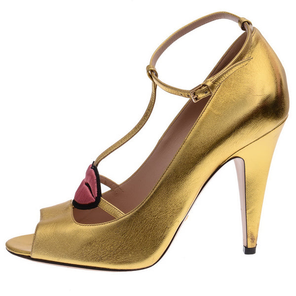 Gold Leather Molina Lips T Strap Pumps