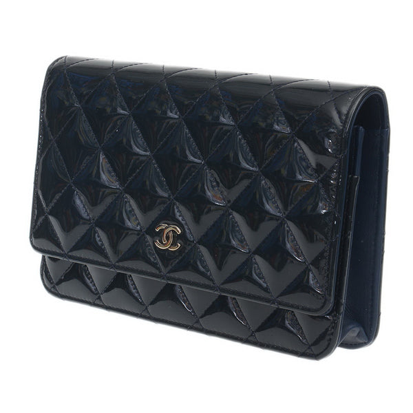 Navy Blue Quilted Patent Leather Wallet On Chain