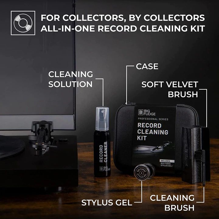 Big Fudge’s all-in-one professional record cleaning kit with stylus gel, cleaning brush, velvet brush, album cleaning solution, and travel case