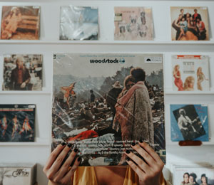 records displayed on shelves
