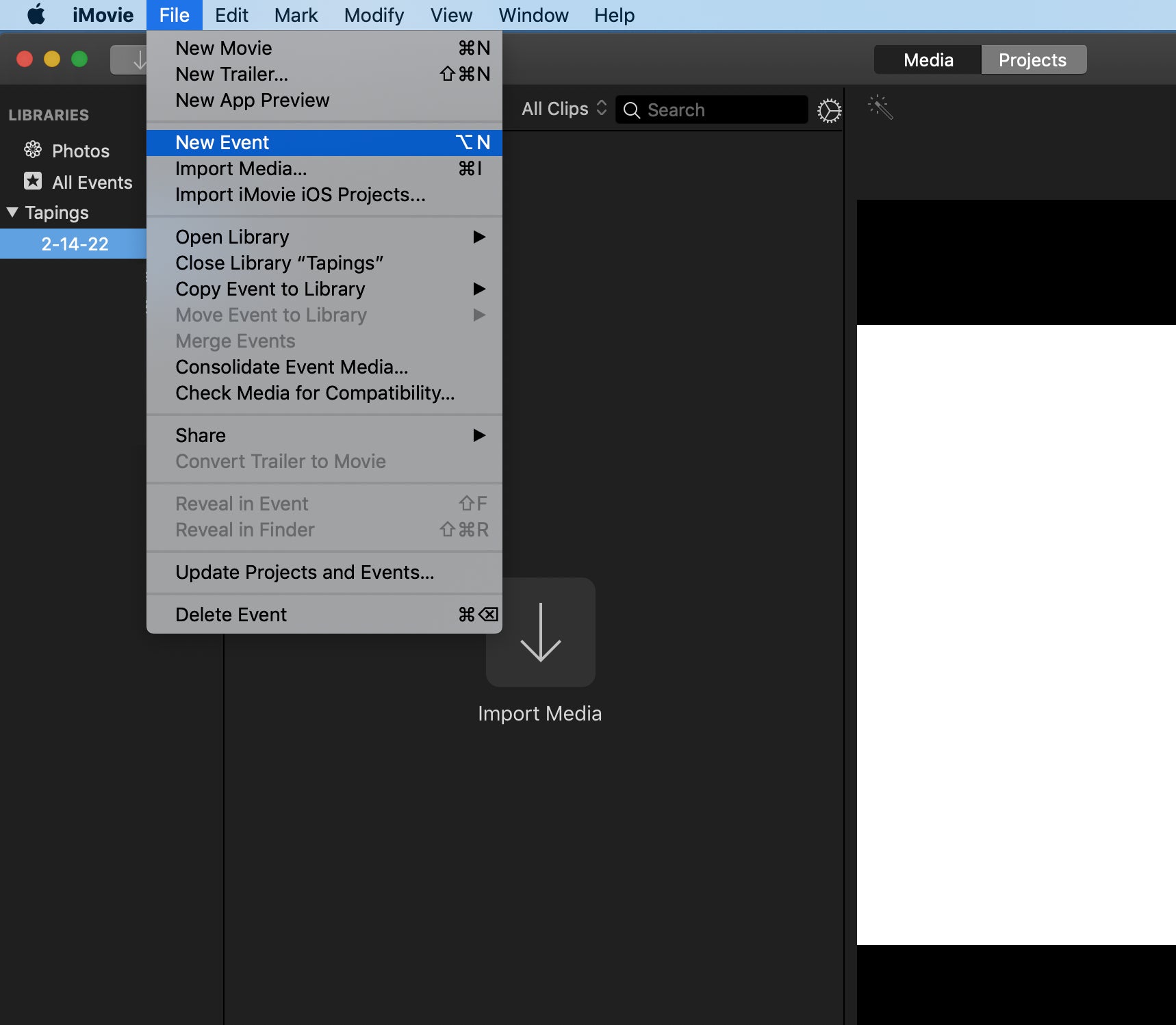 iMovie - file menu - new event