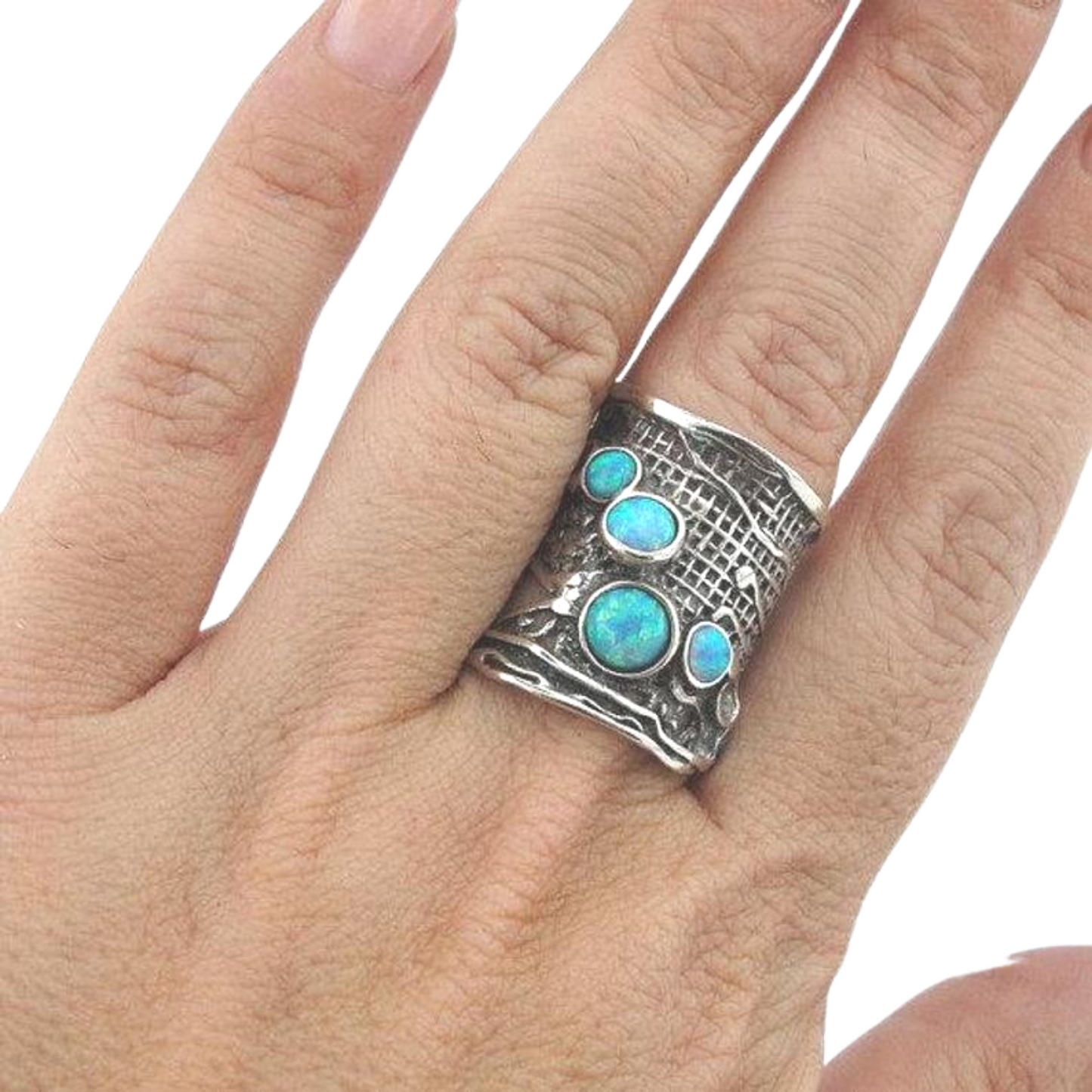 Sterling silver "net" texture, wide ring, blue mosaic opal
