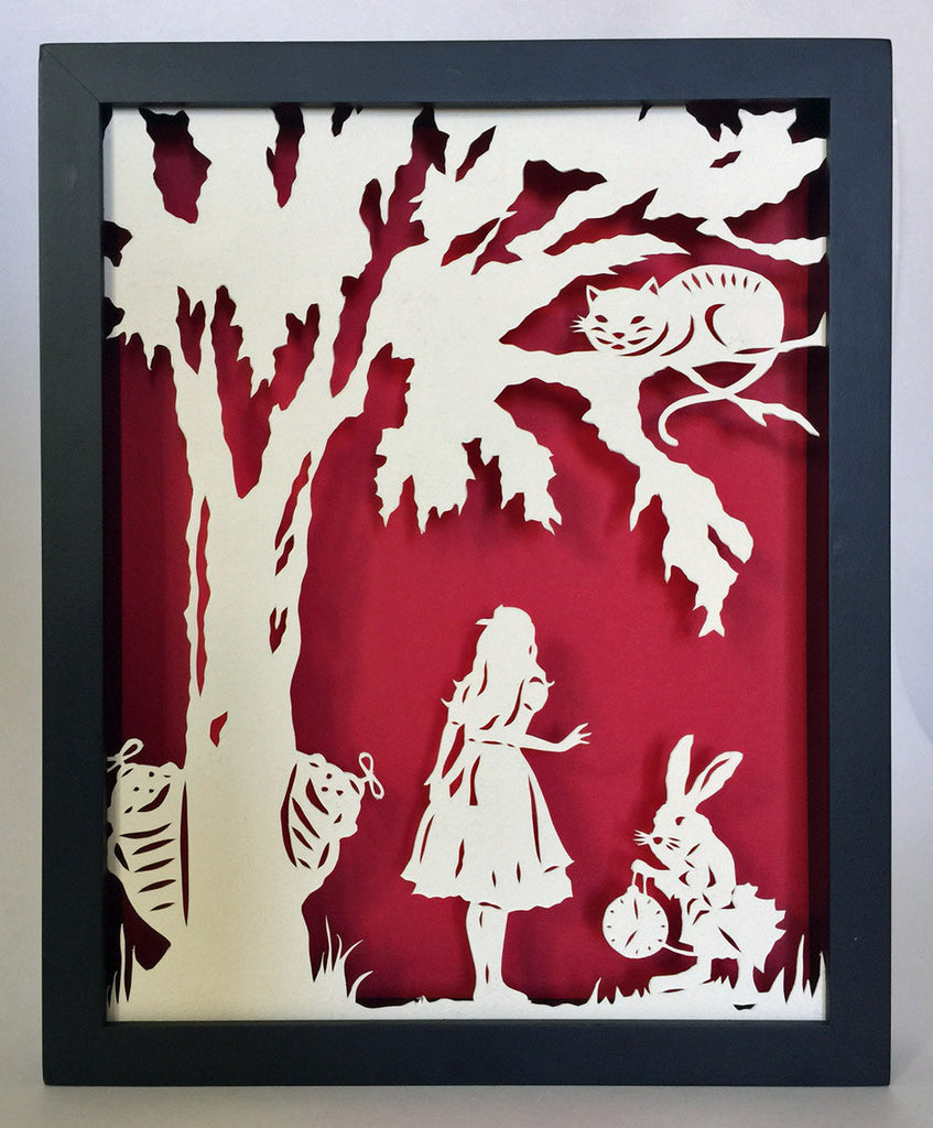 ALICE in WONDERLAND Papercut in Shadow Box, Framed - Hand-Cut Silhouet