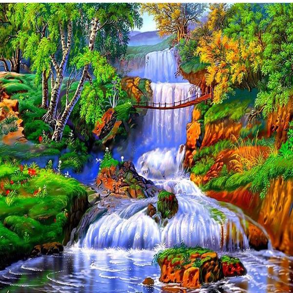 Colorful Forest Waterfall Diamond Painting Kit with Free Shipping – 5D