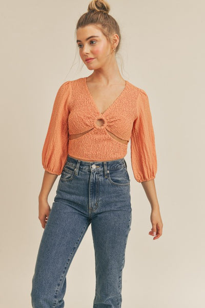 Smocked Ring Cut Out Top - Apricot