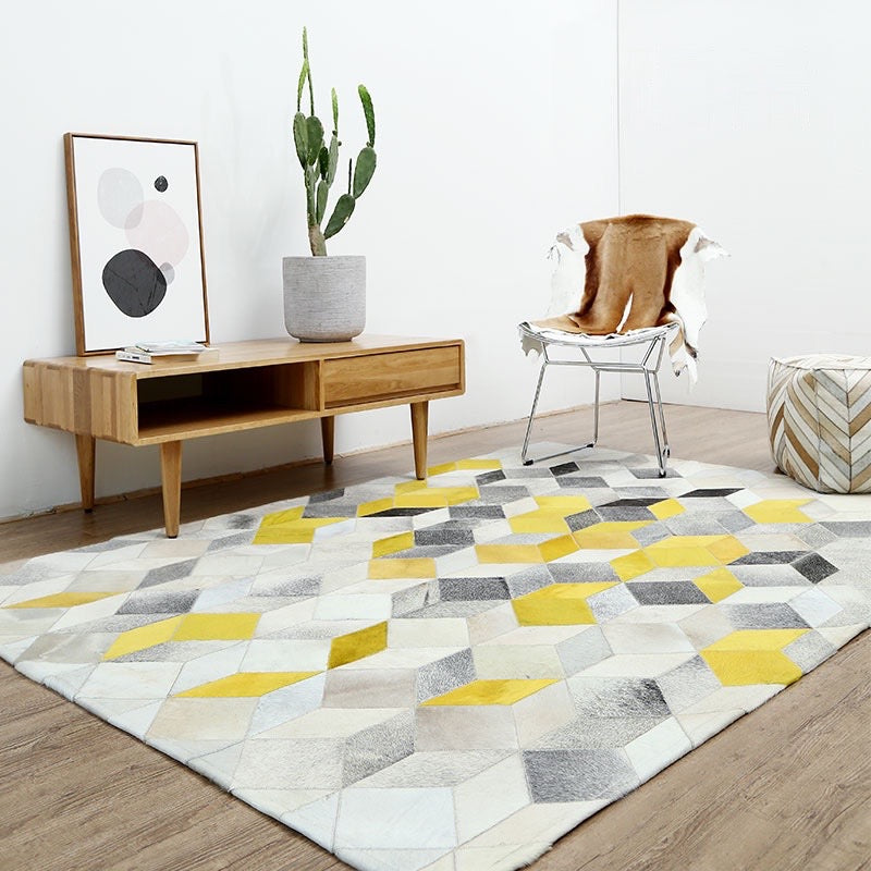 Modern Yellow And Grey Patchwork Cowhide Rug Staunton And Henry