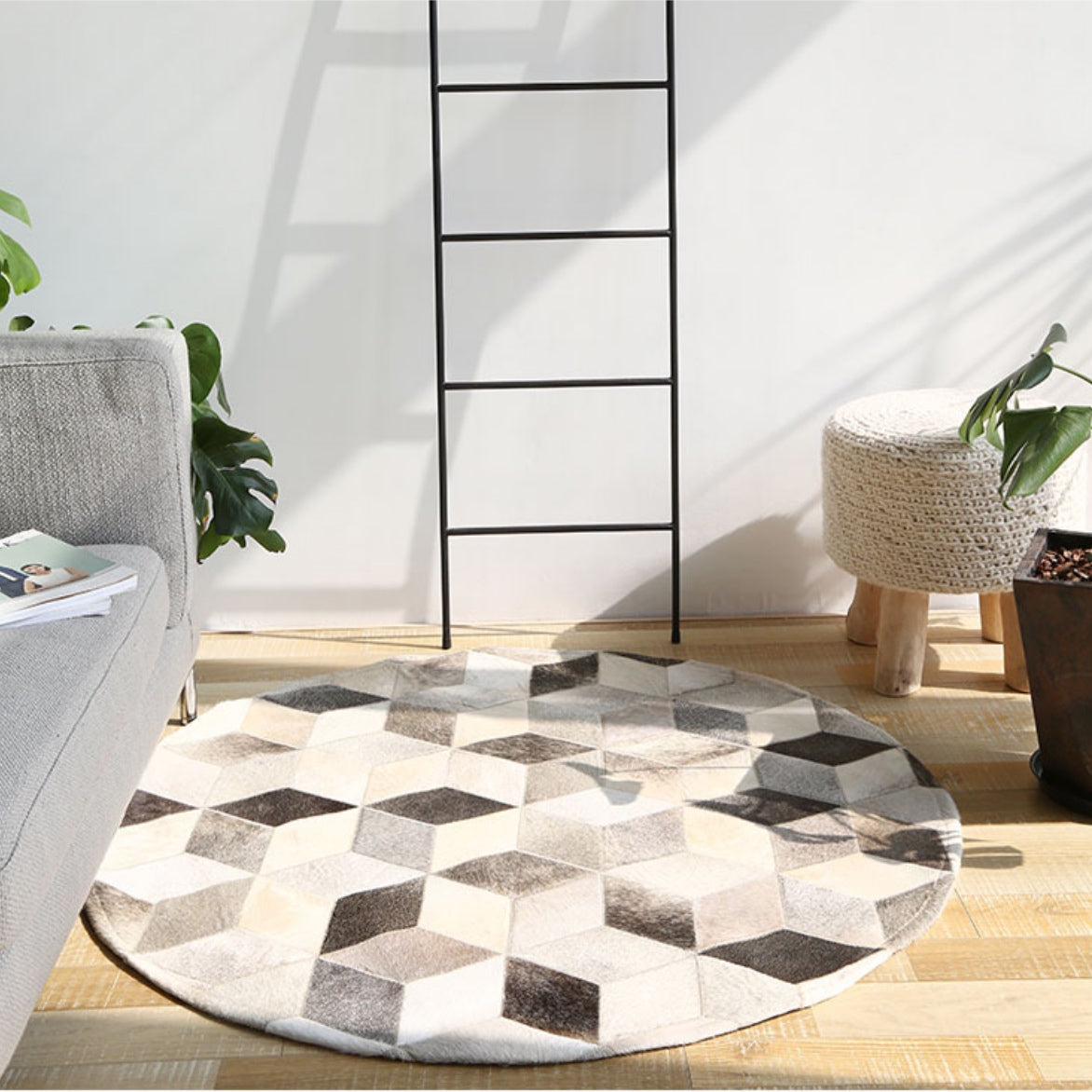 Grey And White Patchwork Round Cowhide Rug Staunton And Henry