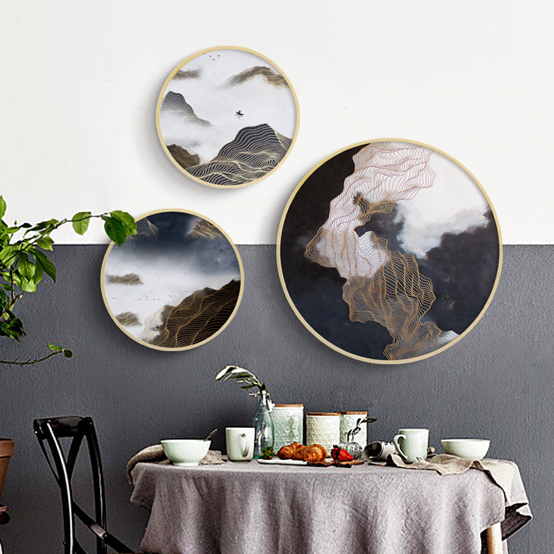 Modern Round Oriental Wall Art With Wood Frame