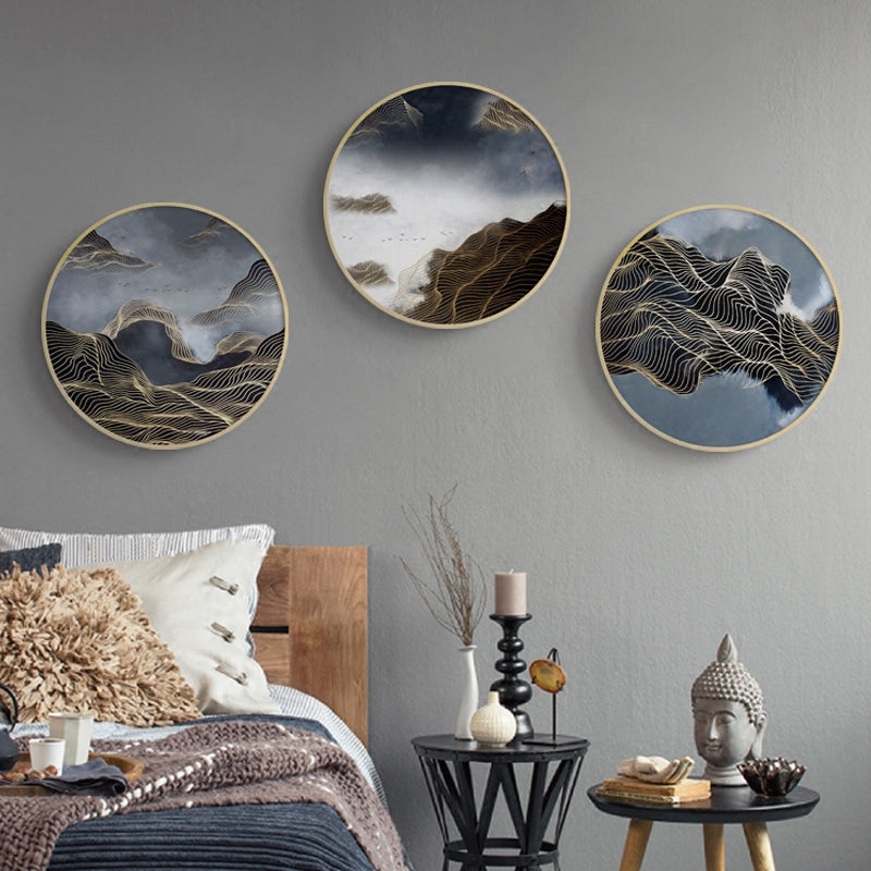 Modern Round Oriental Wall Art With Wood Frame